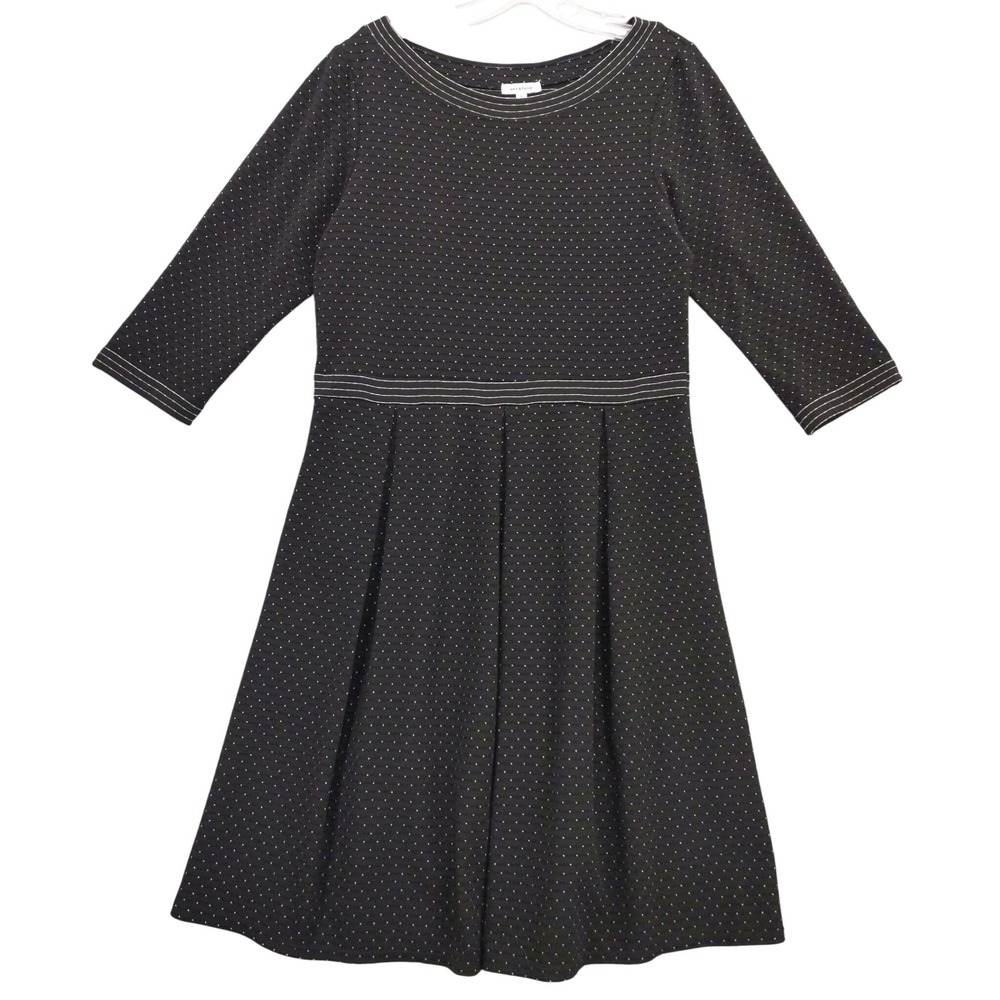 Max Studio Dress Womens L Black White Dot 3/4 Sleeve Pleated Knit
